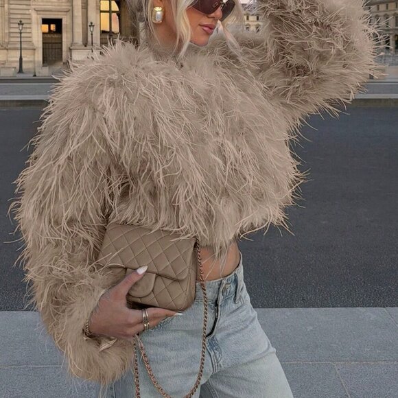 Light Brown Casual Women's Crew Neck Long Haired Coat - Picture 2 of 4